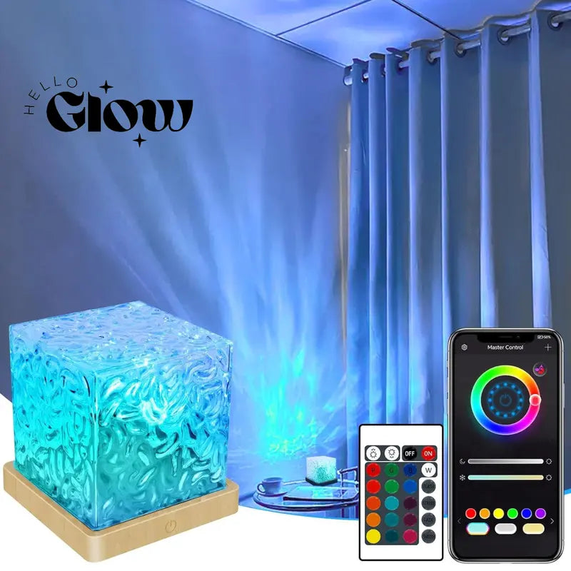Square Adjustable LED Ocean Wave Projector, 18 Color Modes, Rechargeable, Usb-Powered, Remote Control, Touch Button Switch, Memory Function, Dimmable Settings, ABS & Acrylic, 0.6Lb, 4.45" Cube, Novelty Lighting for Room Transformation & Decor