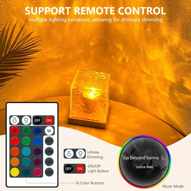 Square Adjustable LED Ocean Wave Projector, 18 Color Modes, Rechargeable, Usb-Powered, Remote Control, Touch Button Switch, Memory Function, Dimmable Settings, ABS & Acrylic, 0.6Lb, 4.45" Cube, Novelty Lighting for Room Transformation & Decor
