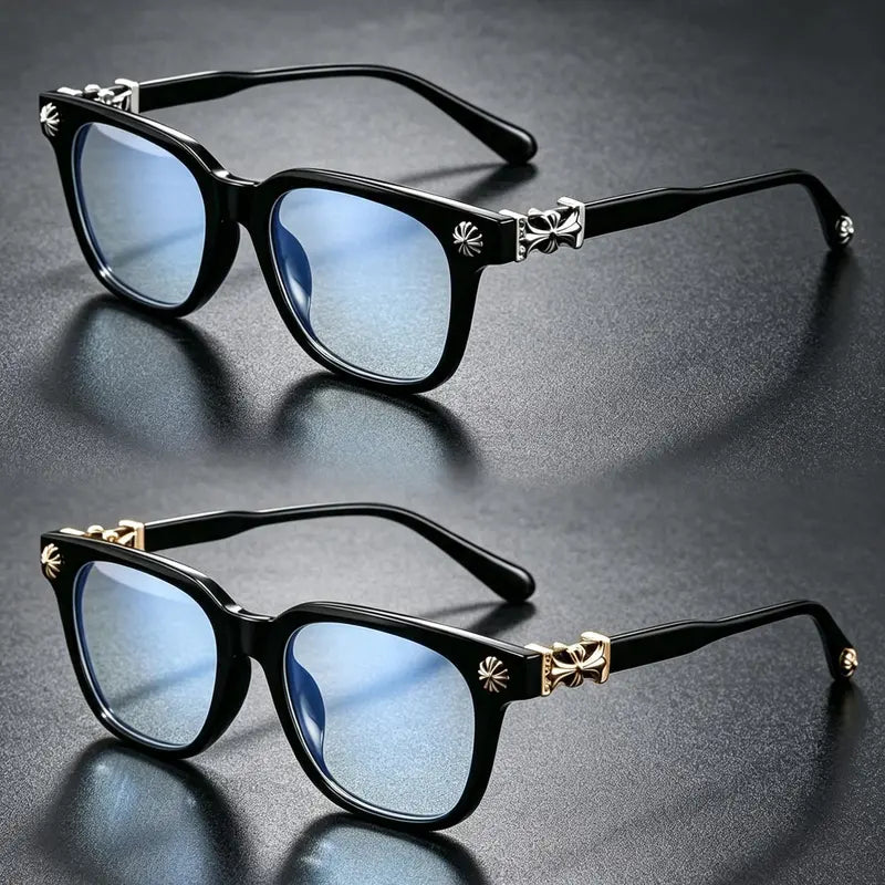 2Pas Retro Square Cross-Accent Unisex Blue Light Glasses, Anti-Blue-Light Eyewear for Office Computer Screen & Outdoor Daily Use