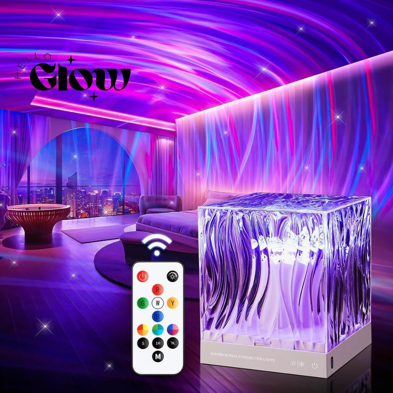 Square Adjustable LED Ocean Wave Projector, 18 Color Modes, Rechargeable, Usb-Powered, Remote Control, Touch Button Switch, Memory Function, Dimmable Settings, ABS & Acrylic, 0.6Lb, 4.45" Cube, Novelty Lighting for Room Transformation & Decor