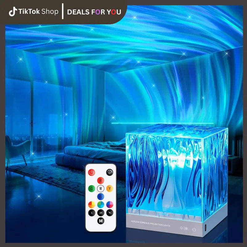 Square Adjustable LED Ocean Wave Projector, 18 Color Modes, Rechargeable, Usb-Powered, Remote Control, Touch Button Switch, Memory Function, Dimmable Settings, ABS & Acrylic, 0.6Lb, 4.45" Cube, Novelty Lighting for Room Transformation & Decor