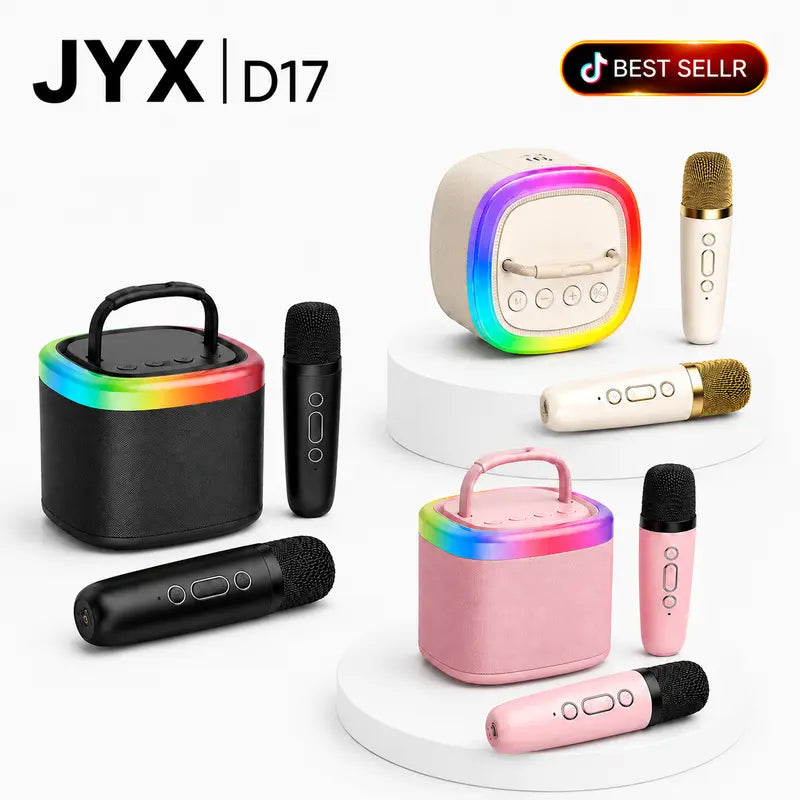 [100% Original] JYX D17 Mini Karaoke Machine Bluetooth Speaker with Wireless Microphones, Powerful Bass & RGB Lights | Portable KTV System for Summer Outdoor Parties, Family Fun & Gifts for Men and Women Mothersdaygift Summerwins Dealsforyoudays Tiktoksho