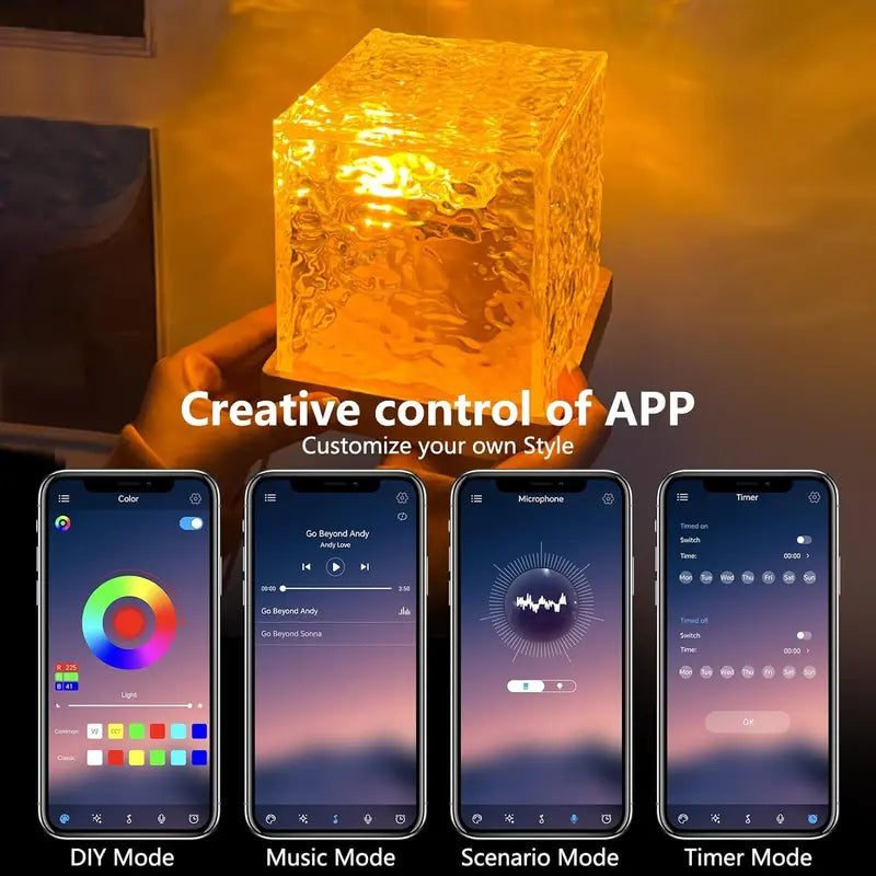 Square Adjustable LED Ocean Wave Projector, 18 Color Modes, Rechargeable, Usb-Powered, Remote Control, Touch Button Switch, Memory Function, Dimmable Settings, ABS & Acrylic, 0.6Lb, 4.45" Cube, Novelty Lighting for Room Transformation & Decor
